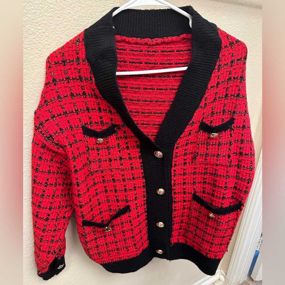 red tweed cardigan